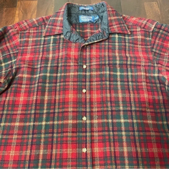 Pendleton 100% Wool Shirt Large LongMade In USA Red Flannel Plaid Button VINTAGE - Picture 2 of 10